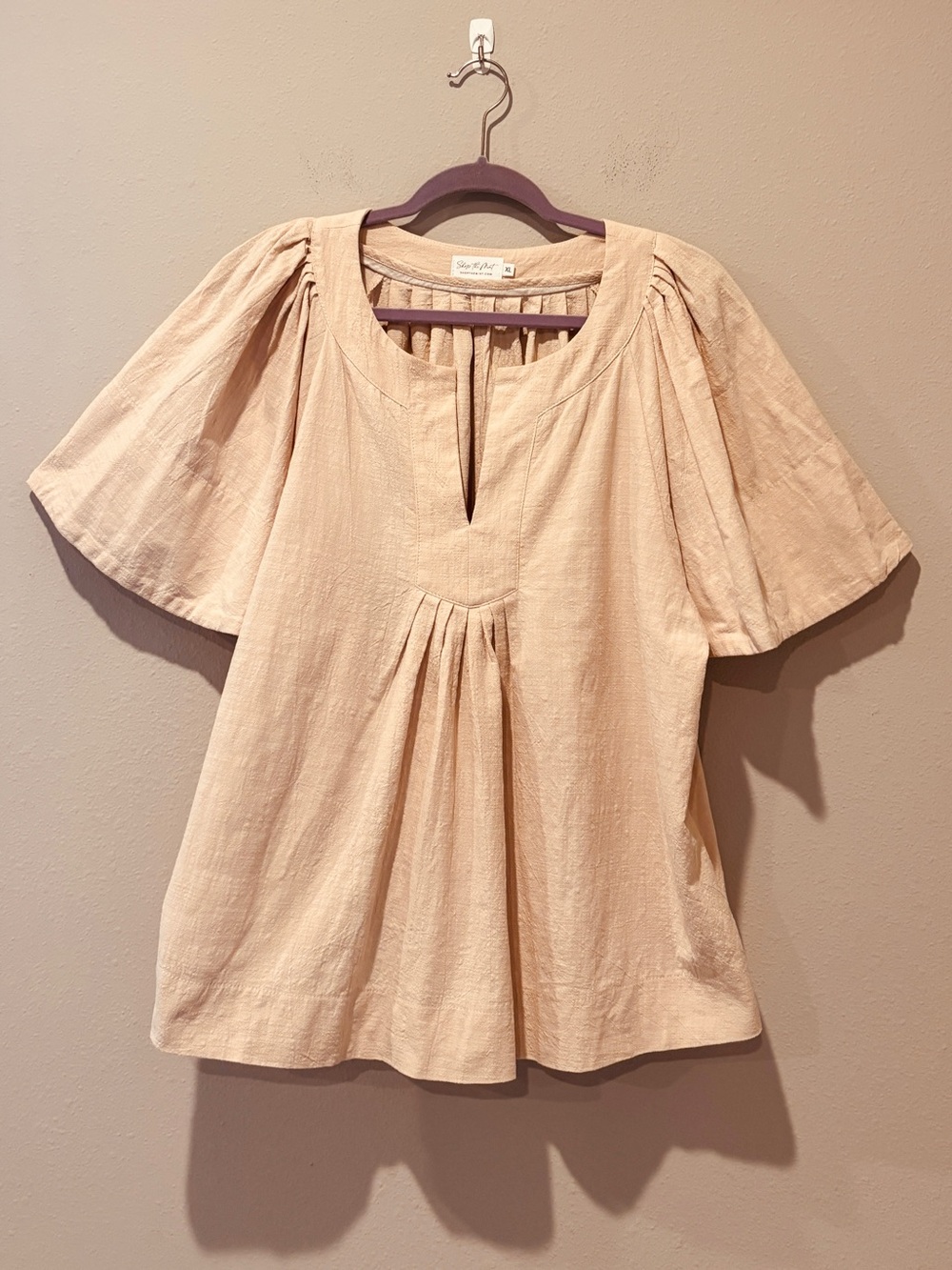 Beige Cotton Flutter Sleeves V Neck Pleated Blouse XL Comfy Casual Minimalist
